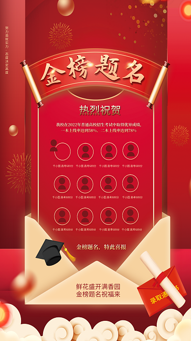 红色喜庆热烈祝贺金榜题名海报