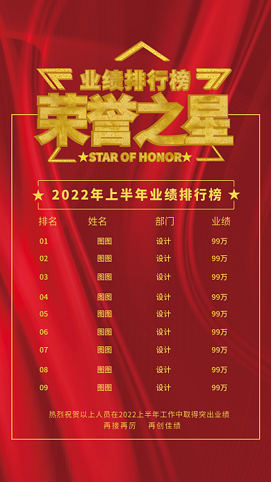 红色企业荣誉之星业绩排行榜排名海报