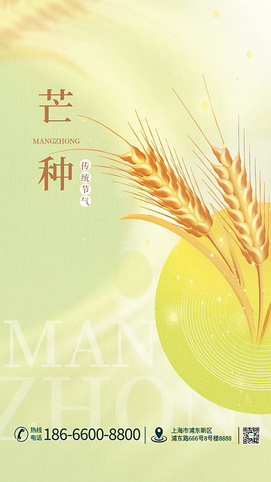 芒种节气麦穗绿色简约风海报