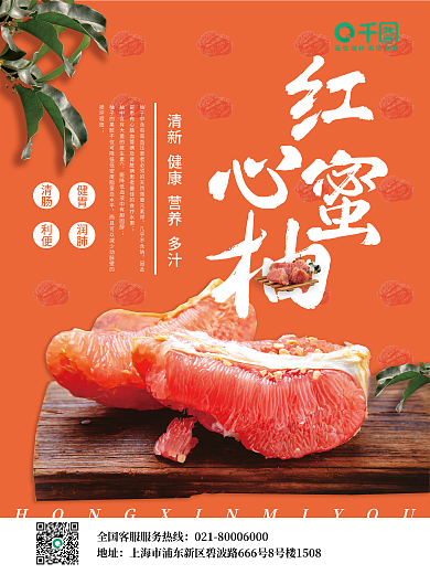 红心蜜柚健胃润肺红色促销海报