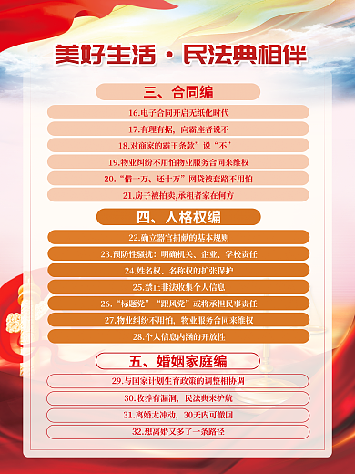 大气党建婚姻家庭编人格权编司法民法典普法宣传系列海报