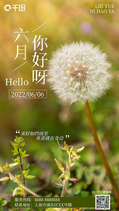 6月你好六月服务热线排版手机海报