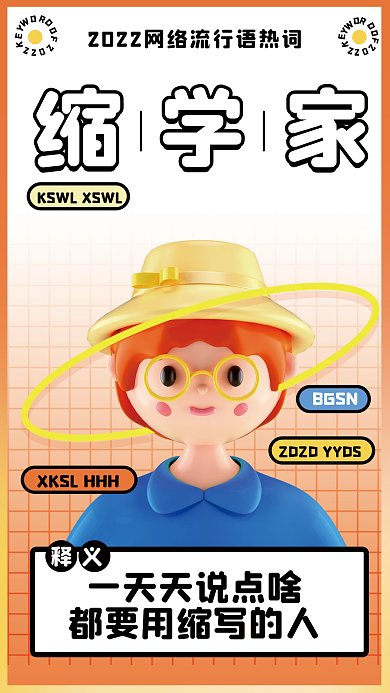 3d立体缩学家BGSN用语流行语热词3d海报