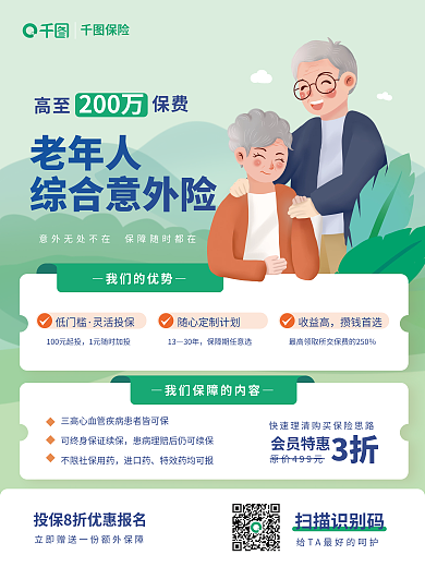 卡通简约老年人综合意外险综合保险险种介绍宣传海报