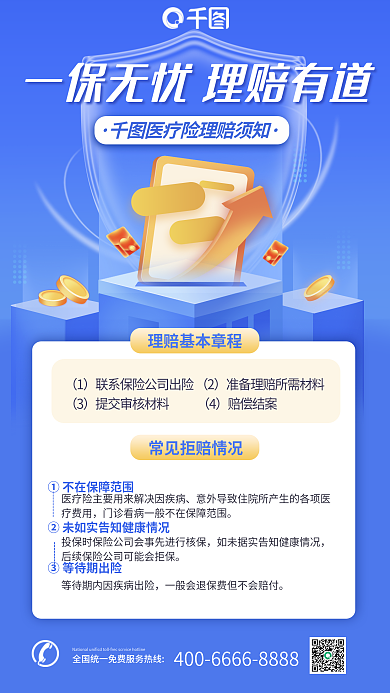 蓝色简约赔偿结案指南手机海报
