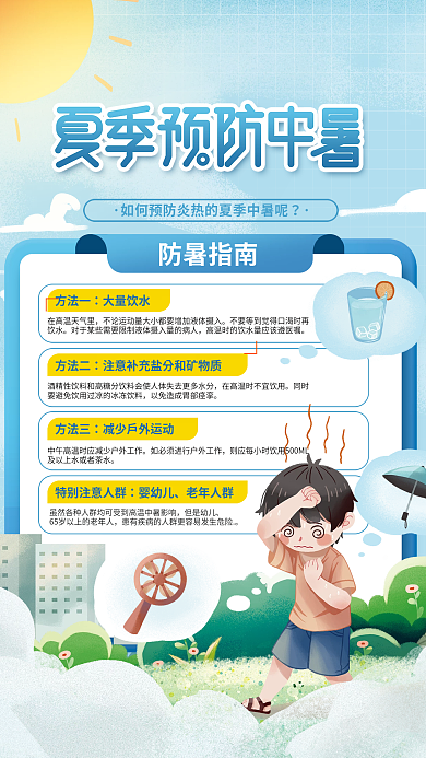 插画风防暑指南方法一夏季预防中暑知识海报