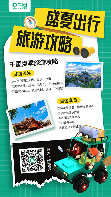 夏季旅游盛夏出行旅游攻略卡通手机海报