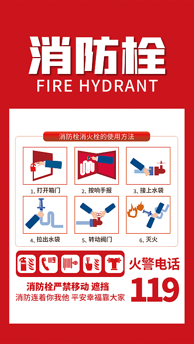 简约风消防栓按响手报操作方法海报