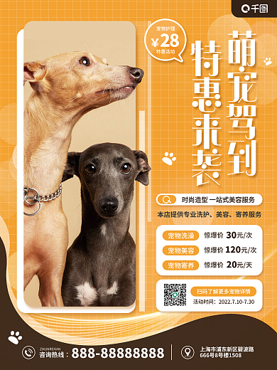 简约小清新美容寄养服务萌宠服务促销海报