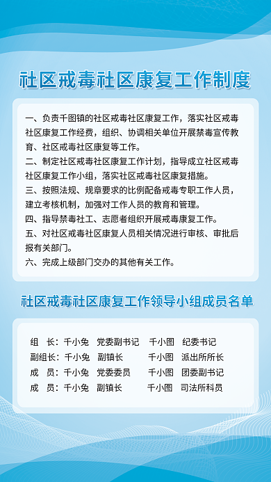 蓝色社区组织按照法规工作制度牌海报