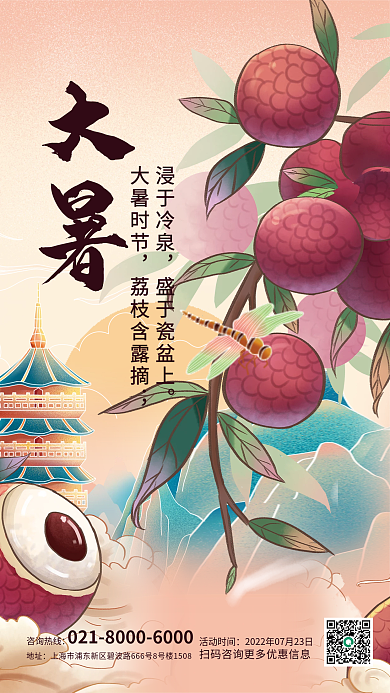 国潮风插画大暑浸于冷泉节气吃荔枝海报