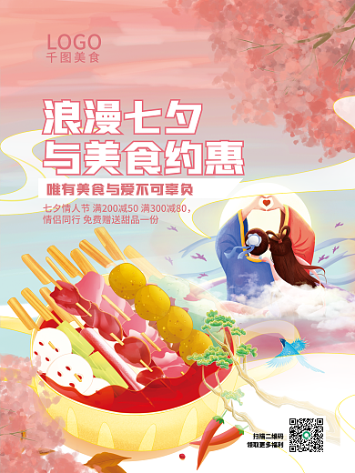 国潮风七夕浪漫七夕与美食约惠火锅美食促销海报