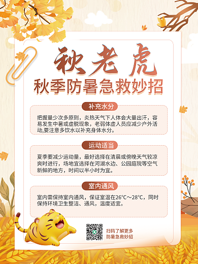 简约小清新秋老虎补充水分秋老虎注意防暑事项海报