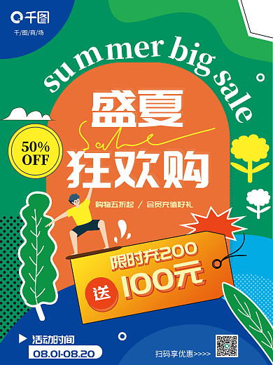 扁平插盛夏狂欢购超市夏日营销活动海报