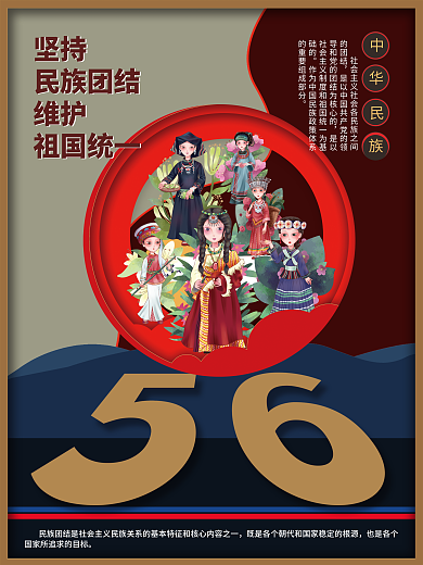 创意民族风坚持民族团结渐变撞色海报民族团结