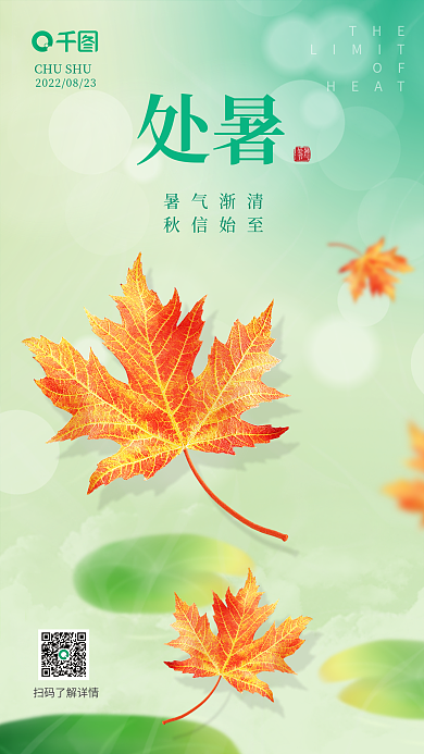 简约小清新处暑节气3d落叶手机海报