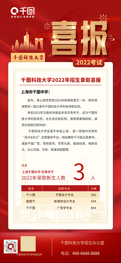 红色简约喜报科技大学高中的感谢信喜报