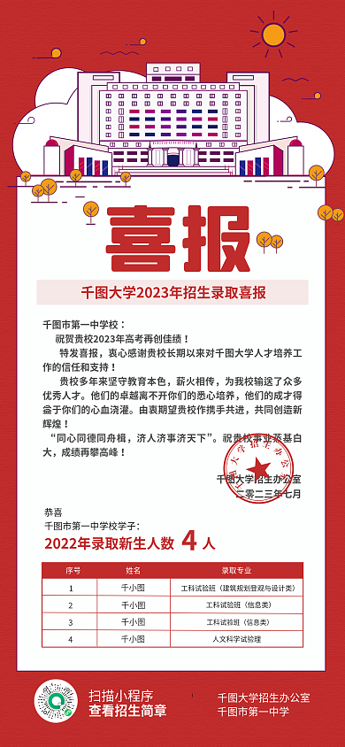 大学发给扫描小程序市第一中学感谢信喜报红色手机长图海报