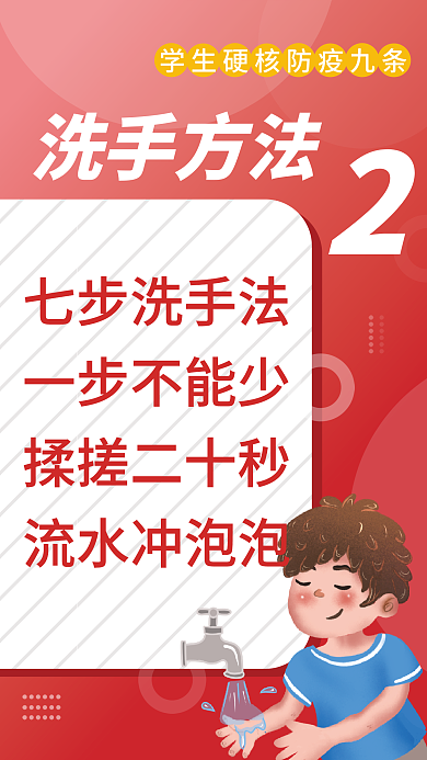 红色简约洗手方法七步洗手法防疫九条宣传海报