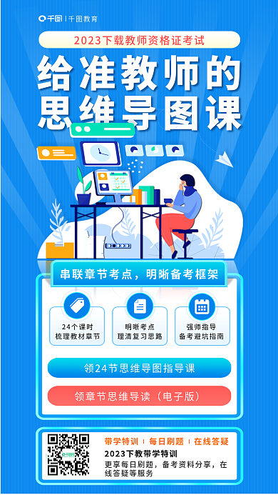 简约教师带学特训每日刷题思维导图蓝色手机海报