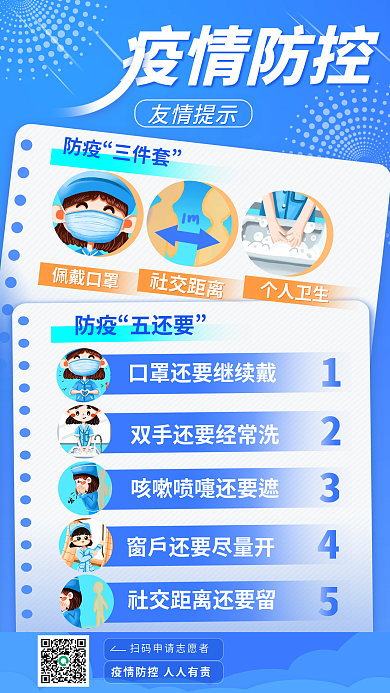 蓝色抗疫疫情防控友情提示三件套五还要政策海报