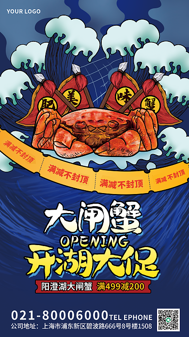 水产鲜肉开湖大促公司地址湖促销插画风海报