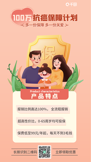 百万抗癌全流程报销超高性价比宣传扁平简约插画风海报