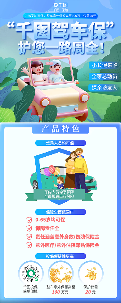 驾乘小长假来临全家总动员长假出行保险蓝色安全信息长图