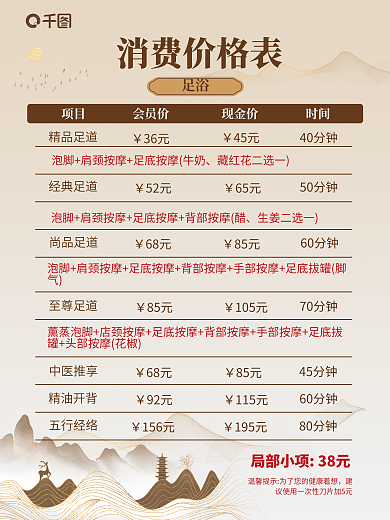 足疗店足浴项目价格表海报