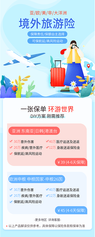 简约小清新境外旅游险一张保单险保险险种宣传信息长图
