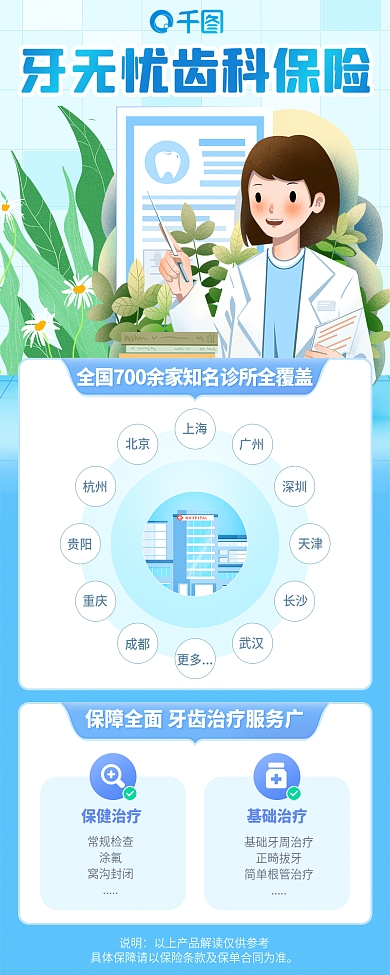 蓝色金融保健治疗常规检查齿科保险长图h5