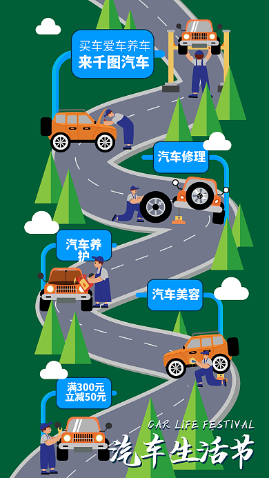 卡通风满300元立减50元节手机海报买车爱车养车修车