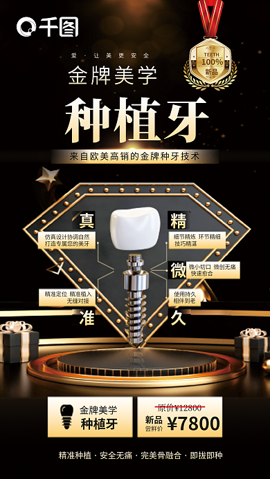 医疗健康新品100％种植牙优惠促销宣传海报