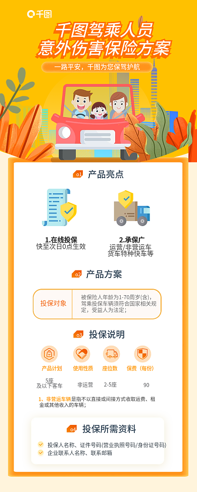 暖色调驾驾乘人员一路平安车险产品方案营销信息长图