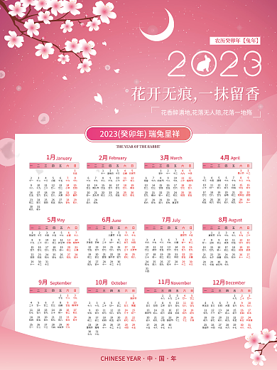 小清新粉色2月3月风2023兔年日历年历