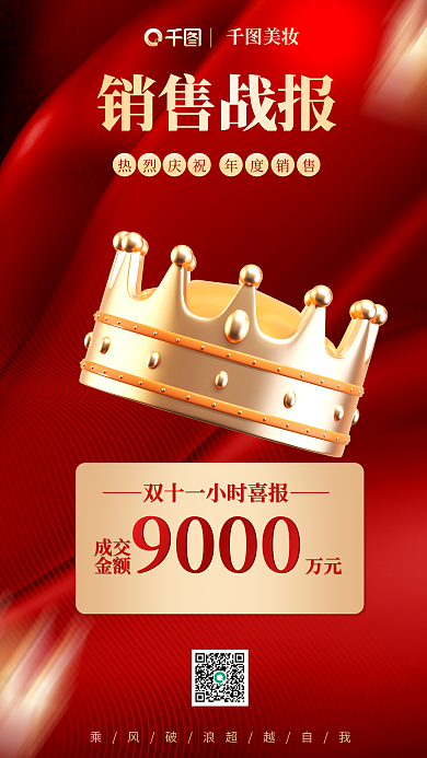 红色双十一销售战报9000立体海报