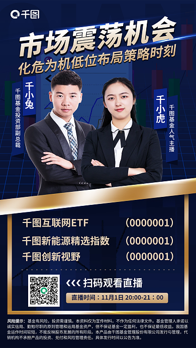 蓝色简约QIAN千小兔基金布局机会直播宣传海报