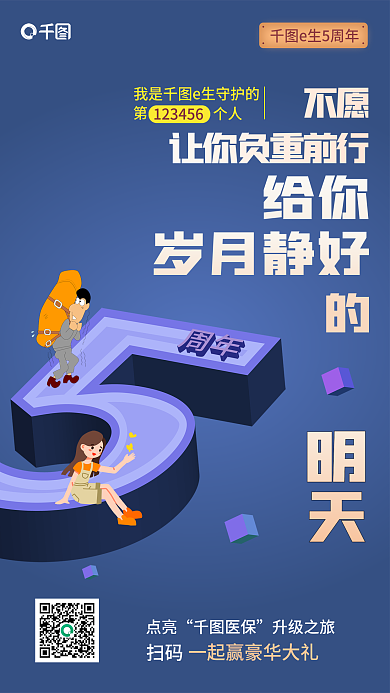 扁平风立体字个人e生5周年周年庆宣传海报