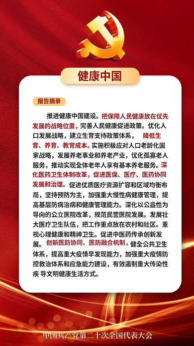 二十大健康中国报告摘录民生的重要表述海报