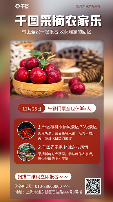 简约风采摘农家乐地址蔬果采摘水果促销海报