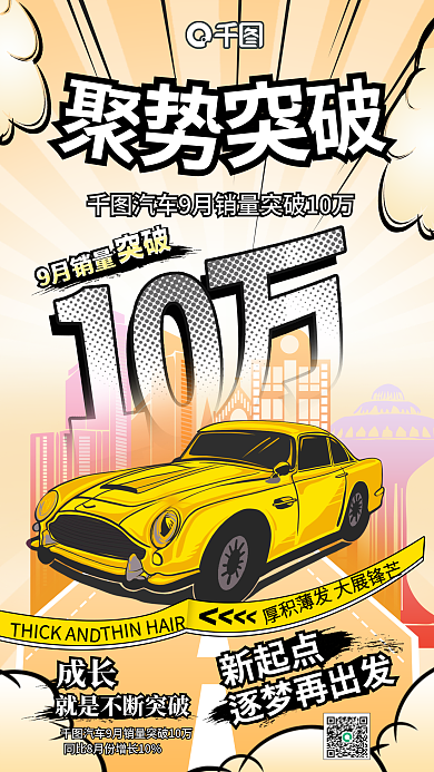 黄色渐变成长新起点画风汽车销量宣传海报
