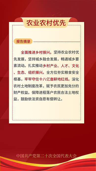 简约二十报告摘录乡村产业关于民生的重要表述海报