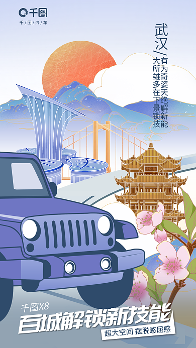 插画城市X8武汉卖点武汉试驾宣传促销海报