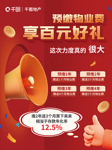 喜庆大气预缴1年预缴2年物业费享好礼宣传海报