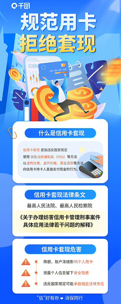 简约蓝色规范用卡拒绝套现卡知识普及信息长图
