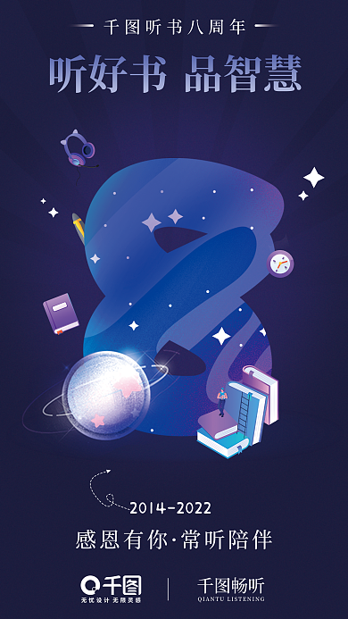 知识付费畅听听书八周年数字周年宣传海报