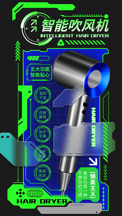 机能风智能吹风机五大功能家电吹风机产品新品宣传海报