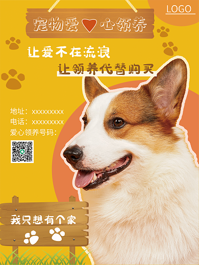 黄色宠物地址电话领养海报