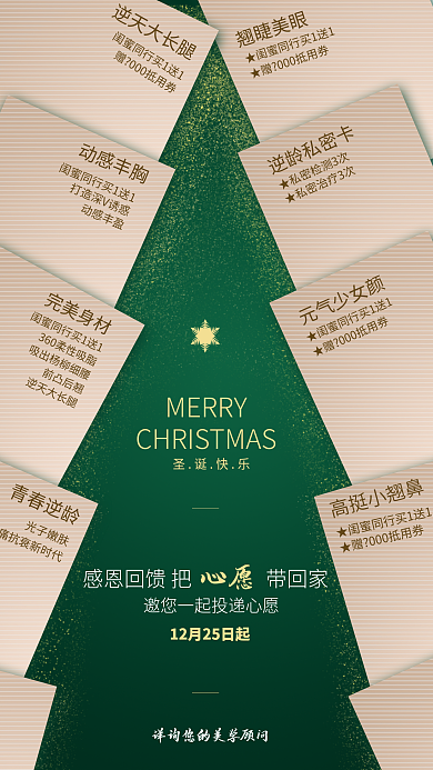 创意风青春逆龄光子嫩肤圣诞雪花卡片愿望借势海报