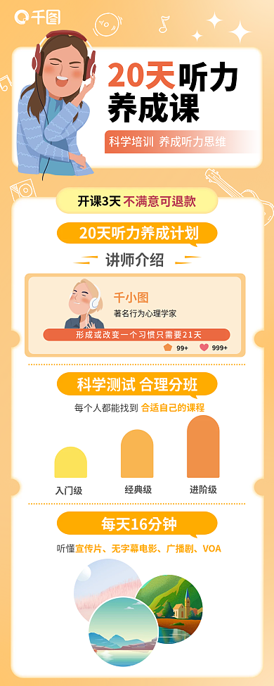 听力课程网课介绍说明创意插画信息长图